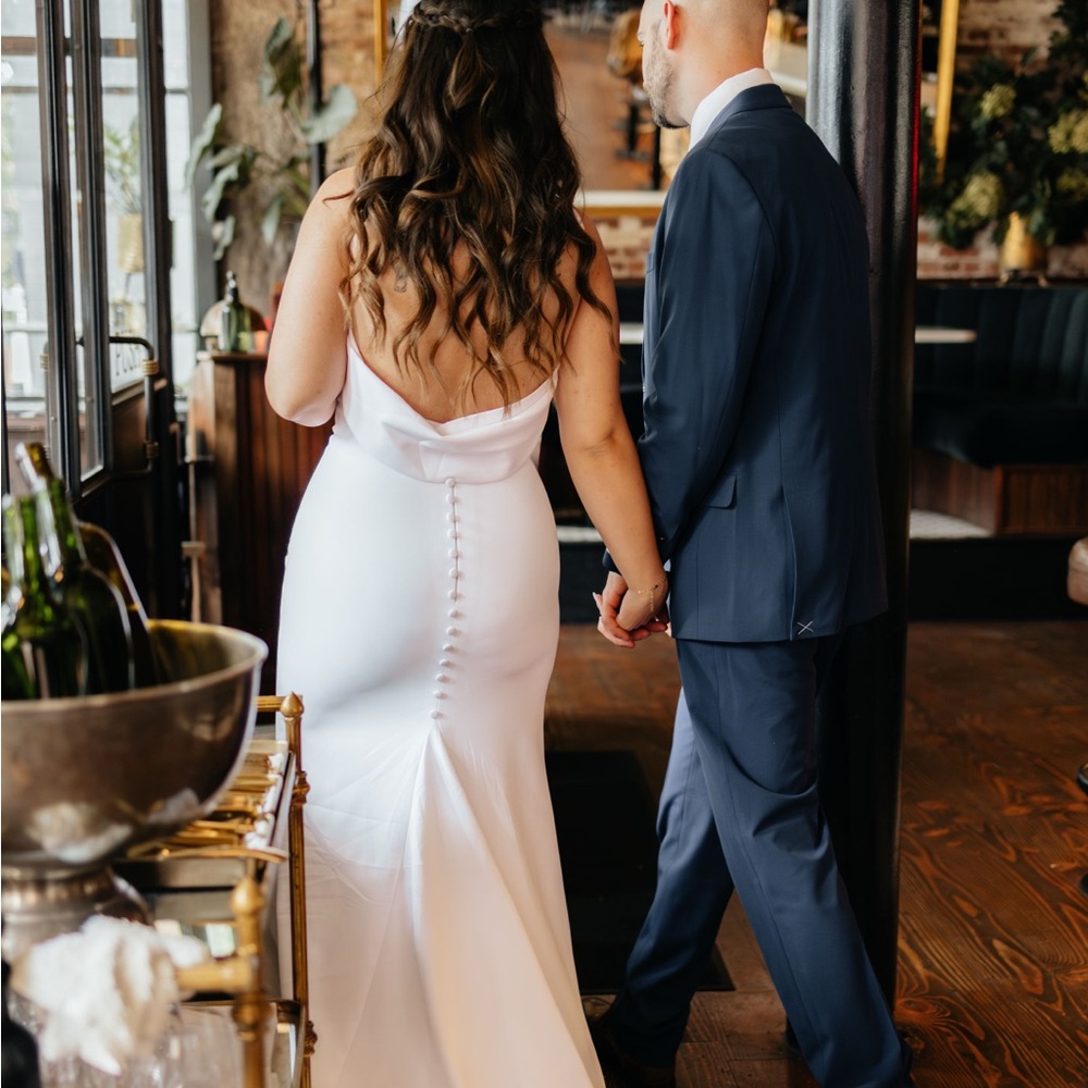 Button Detail Back Elegant White Satin Slipback Wedding/Special Occasion Gown.